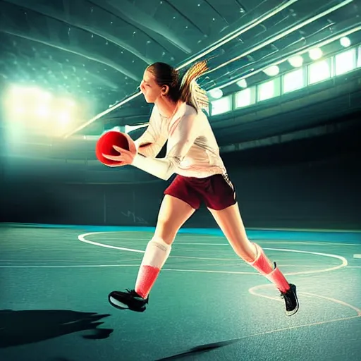 Image similar to one young woman playing handball in an arena, digital art, epic lighting