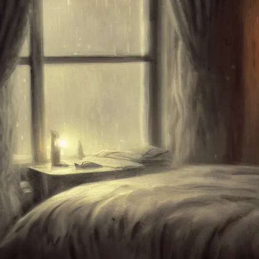 Image similar to on a rainy day, someone sits in bed, curled up under the covers, looking out the window, cinematic, artstation, extremely detailed, intricate, cinematic lighting, art by pierre - auguste renoir