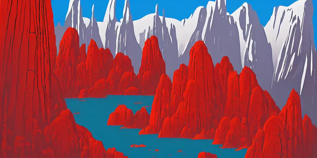 Image similar to poster illustration of craggy icy valley with spires of rock national park by eyvind earle