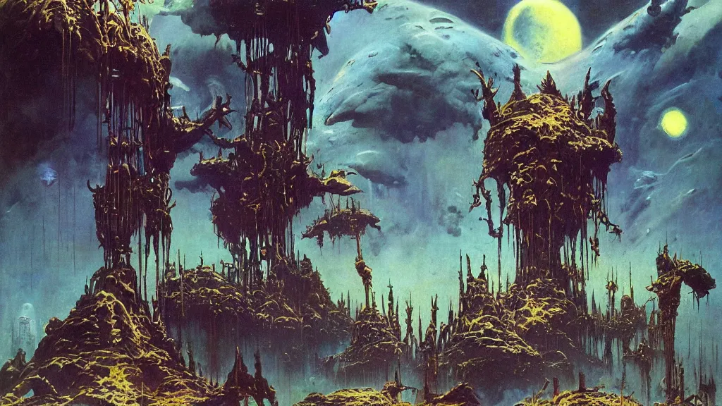 Image similar to surreal eerie alien planet empire with strange biomechanical plants by frank frazetta and bruce pennington, cinematic matte painting