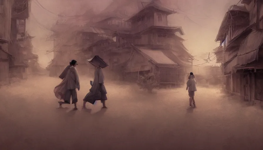 Image similar to craig mullins and ghibli digital illustration of ukiyo - e style, ghosts walking at night, clouds and mist, folding fan, wide angle, manzhu sand, hand - painted, granular sense, rich color, red tone, dry bones, beauty, hyper realism, realistic shading, cinematic composition, realistic render, octane render, detailed textures, photorealistic, wide shot