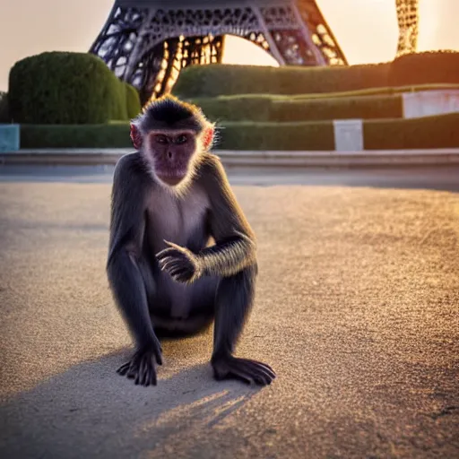 Image similar to high quality portrait of a monkey in front of eiffel tower, studio photograph, photograph, realistic photo, 8k photo, 4k photo, stock photo, high resolution, cinematic shot, high detail