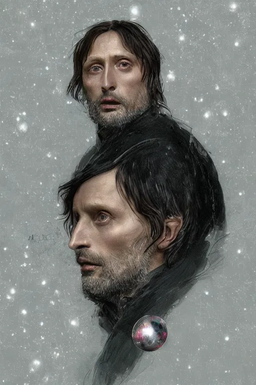 Image similar to A pre-raphaelite portrait of Mads Mikkelsen, surreal, ultradetailed, intricate, elegant, digital art painting, concept art, smooth, sharp focus, poster art, art cover illustration, regal, award winning picture, extremely detailed masterpiece, sense of awe, featured on artstation, Artgerm, effervescent punk kawaii-noir pastel bubbles, winning award piece, ethereal rainbows, Aetherpunk, low-key neon lightning, stormy weather, Exquisite details, 8K detail post-processing, matte, oil painting