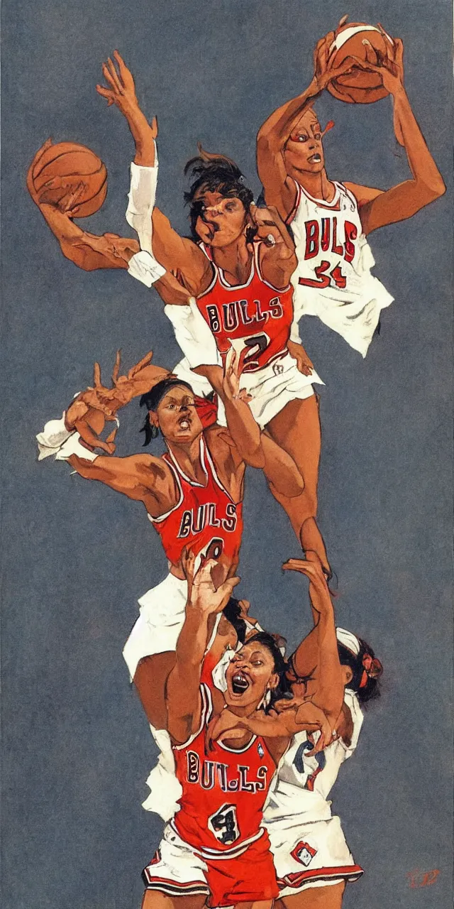 Image similar to candace parker playing basketball in a chicago bulls jersey, art by frank frazetta,