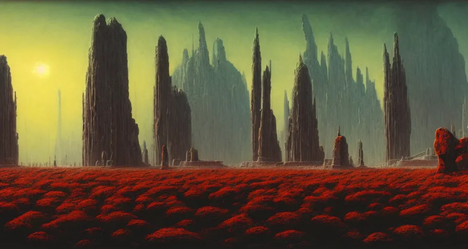 Image similar to a cinematic view ofnokron, eternal city, elden ring, harold newton, zdzislaw beksinski, donato giancola, warm coloured, gigantic pillars and flowers, maschinen krieger, beeple, star trek, star wars, ilm, atmospheric perspective