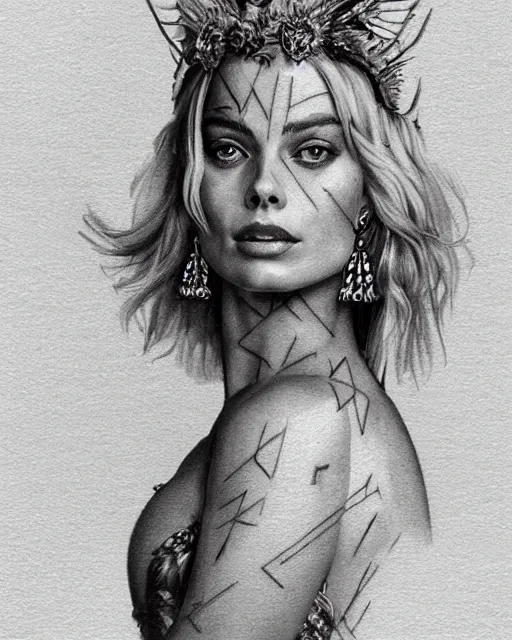 Image similar to realism tattoo sketch of margot robbie as a beautiful greek goddess aphrodite with piercing eyes wearing a laurel wreath and triangle earrings, in the style of greg rutkowski, amazing detail