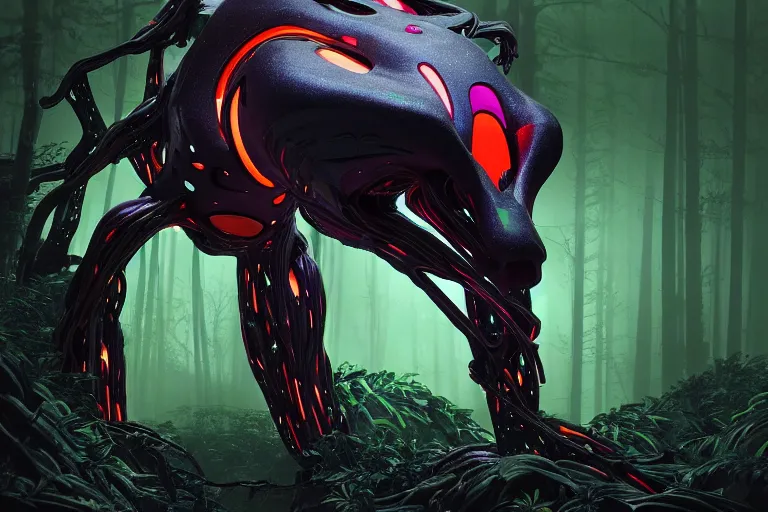 Image similar to portrait of a posed hyper detailed complex, plowhorn evangelion realistic mechanical and bioluminescent organic creature in a dark deep forest at dawn in spring, with reflection and textures, by kilian eng, substance painter reaslitic mech surface metal painted scratches