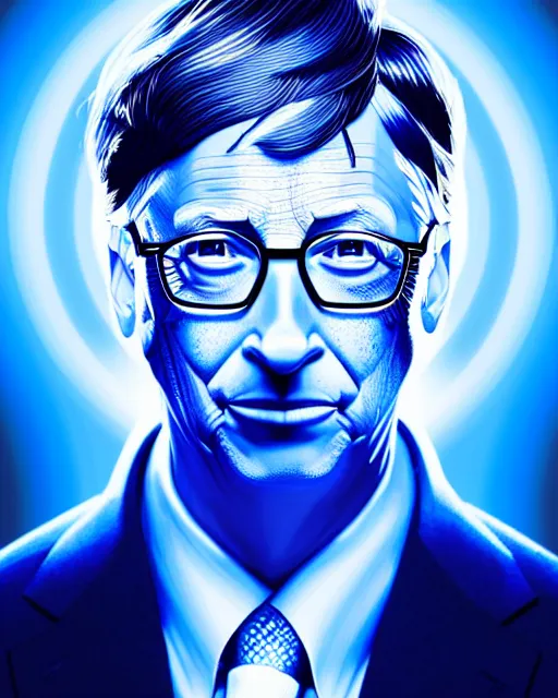 Image similar to symmetry portrait of blue color bill gates, glam, power, glowing lights intricate, elegant, highly detailed, digital painting, artstation, concept art, smooth, sharp focus, illustration, art by artgerm and greg rutkowski and fra angelico and unreal engine 5