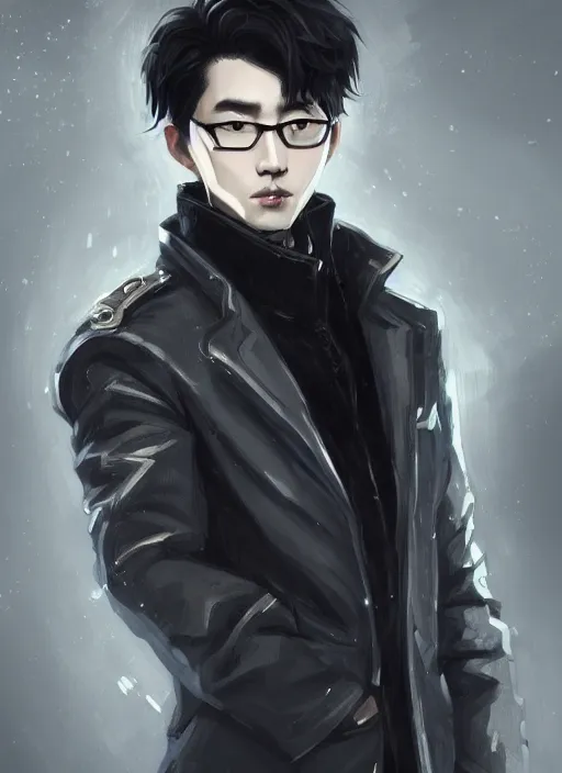 Image similar to a highly detailed illustration of young attractive black haired korean guy wearing black detective coat with coattails, heroic pose, strings background, intricate, elegant, highly detailed, centered, digital painting, artstation, concept art, smooth, sharp focus, league of legends concept art, wlop.