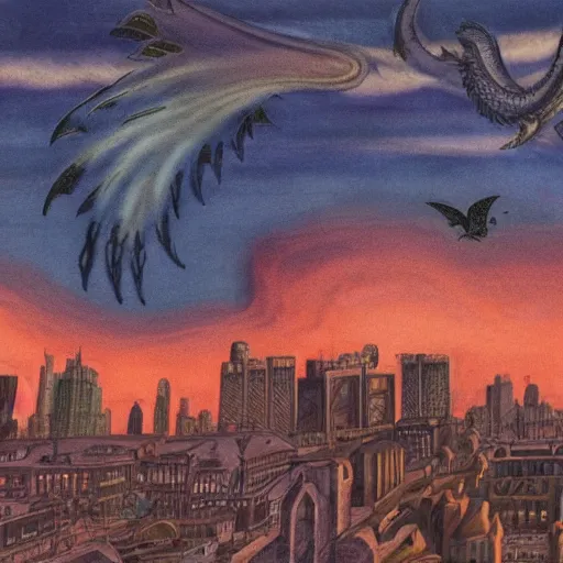 Prompt: dimly lit central smoke, muted multi-color lapis, muted neon smoke, ground fog, central smoke with vague feathered outline of fierce flying dragons with large vague outstretched wings, sun shaft, large city park