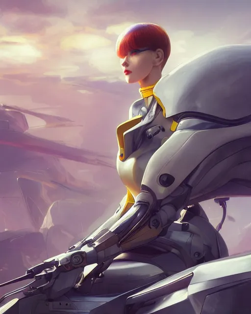 Image similar to beautiful delicate imaginative streamlined elegant futuristic close up portrait of a soldier female sitting with elegant deadly looks, mecha neon genesis evangelion armor with gold linings by ruan jia, tom bagshaw, alphonse mucha, futuristic buildings in the background, epic sky, vray render, artstation, deviantart, pinterest, 5 0 0 px models