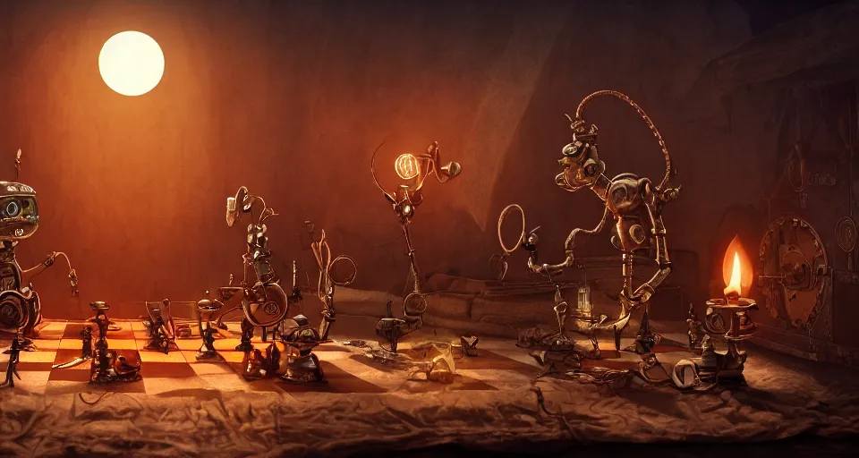 Image similar to a beautiful tapestry, a small robot playing 3 d chess, ultra detailed, atmospheric lighting, sunset, steampunk, moody, candles, characters from machinarium, by don bluth, trending on artstation, octane render, 8 k, ultra realistic