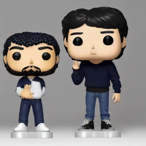 Image similar to a 21 year old skinny white guy with no beard and black hair in a navy blue sweater , jeans and grey new balance shoes funko pop close up highly detailed photo