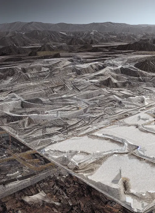 Image similar to bioremediation white architecture, in the mining tailings of chuquicamata, epic, cinematic, hyperealistic, high detailed, corona render, hdr, ray tracing