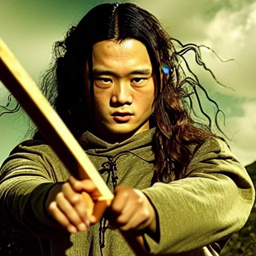 Image similar to a still from “ lord of the rings ” of a head and shoulders portrait of fei lung as a wizard with a wooden staff, photo by phil noto