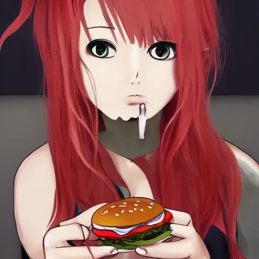 Prompt: a girl eating a hamburger, red hair, anime art, detailed, hd, smooth