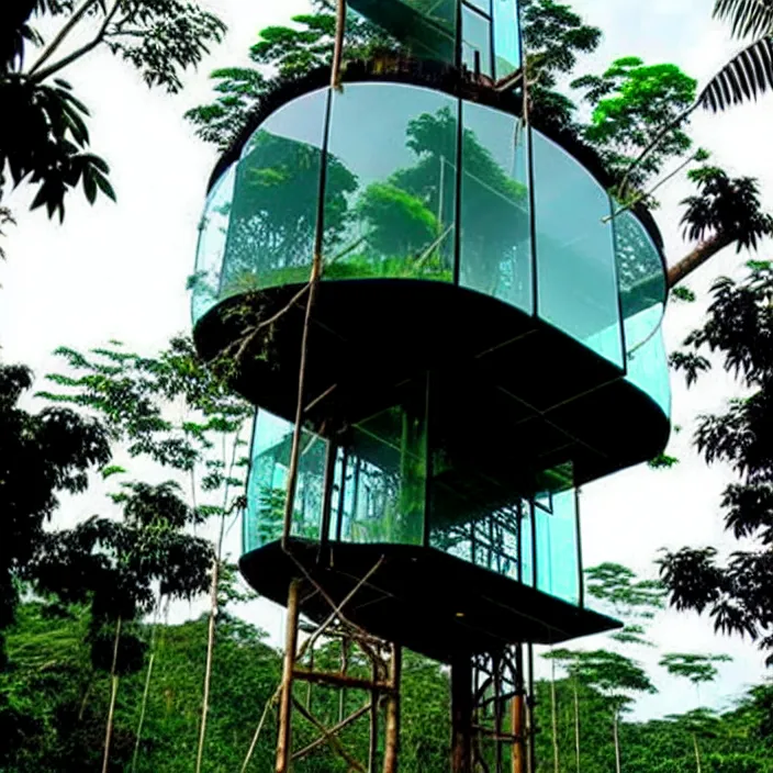 Prompt: glass skyscraper treehouse in the amazon jungle