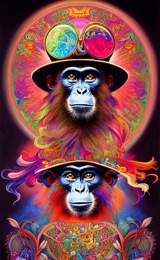 Image similar to An extremely psychedelic celestial Monkey in his black fedora hat, colorful, surreal, dramatic lighting, magic mushrooms, psilocybin, LSD, face, detailed, intricate, elegant, highly detailed, digital painting, artstation, concept art, smooth, sharp focus, illustration, art by Krenz Cushart and Artem Demura and alphonse mucha