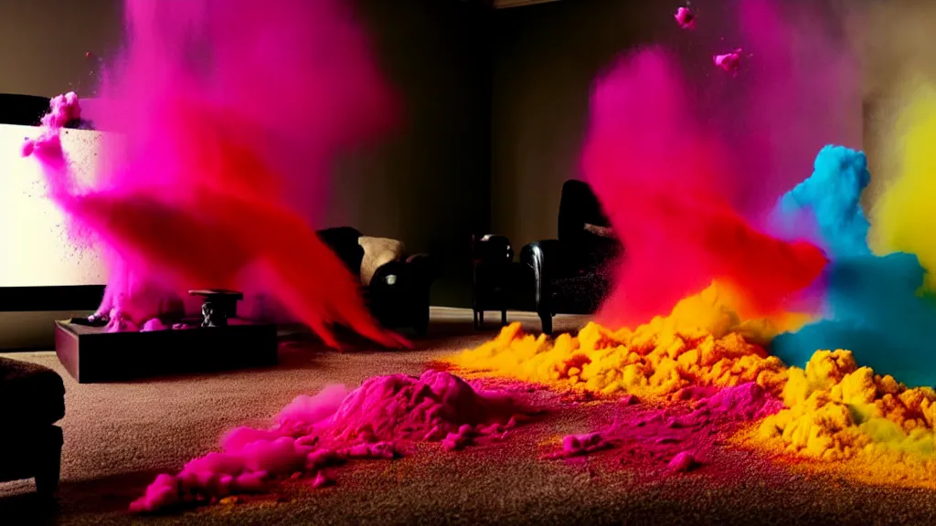 Image similar to colored powder explosion in the living room, film still from the movie directed by Denis Villeneuve with art direction by Salvador Dalí, wide lens