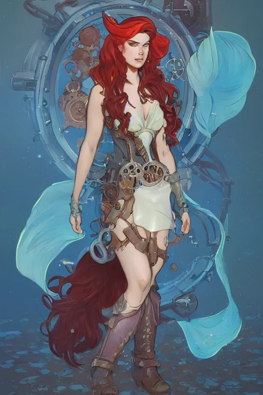 Image similar to ariel little mermaid as a steampunk half - cyborg cowgirl, pelt coats, high fantasy, dnd, smooth, sharp focus, illustration, highly detailed, digital painting, artstation, concept art, by rossdraws, alphonse mucha, frank fanzzeta, collectible card art