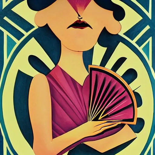 Prompt: lady with a fan, art deco surrealism