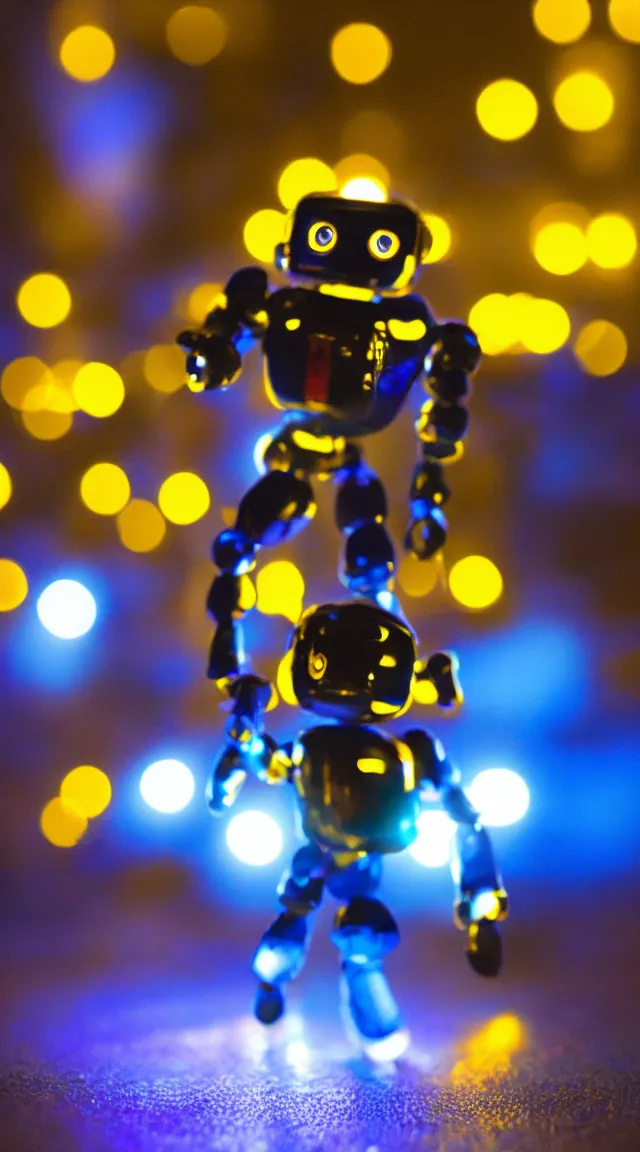 Image similar to tiny robot in the dark, hrd, hyperrealistic, hyper detailed, tiny, lights, bokeh, yellow, purple, blue,