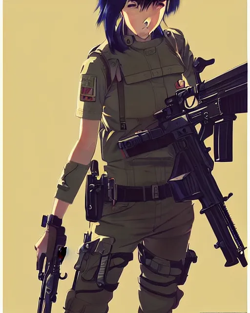 Image similar to girl wearing tactical gear, very anime, fine - face, audrey plaza, realistic shaded perfect face, fine details. anime. realistic shaded lighting poster by ilya kuvshinov katsuhiro otomo ghost - in - the - shell, magali villeneuve, artgerm, jeremy lipkin and michael garmash and rob rey