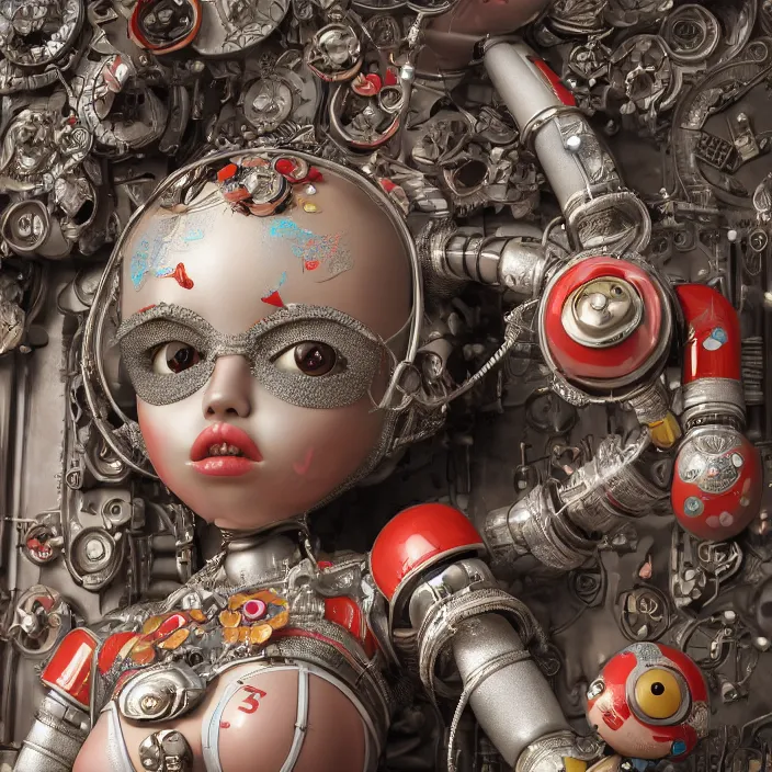 Image similar to closeup portrait of tin toy robot bikini girl trap, depth of field, zeiss lens, detailed, symmetrical, centered, fashion photoshoot, by nicoletta ceccoli, mark ryden, lostfish, breathtaking, 8 k resolution, extremely detailed, beautiful, establishing shot, artistic, hyperrealistic, octane render