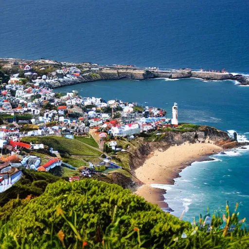 Prompt: down angled view of an seaside town, ocean, town, beach, hills