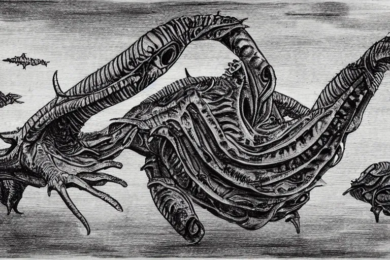 Image similar to several alien sea creature designs, silhouettes, drawings, creepy, mysterious, full page