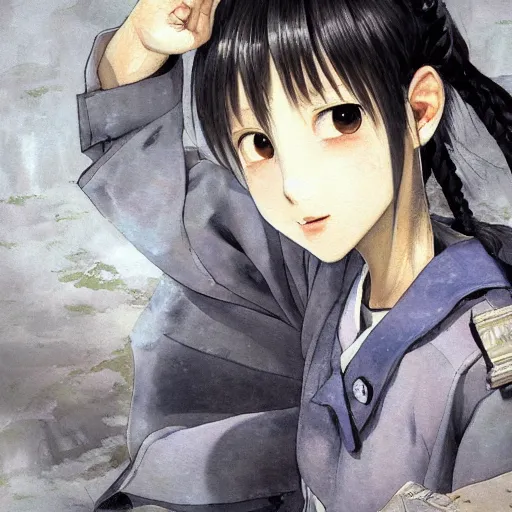 Image similar to dynamic composition, motion, ultra-detailed, incredibly detailed, a lot of details, amazing fine details and brush strokes, colorful and grayish palette, smooth, HD semirealistic anime CG concept art digital painting, watercolor oil painting of a Japanese schoolgirl Lain Iwakura, GITS, by a Chinese artist at ArtStation, by Huang Guangjian, Fenghua Zhong, Ruan Jia, Xin Jin and Wei Chang. Realistic artwork of a Chinese videogame, gradients, gentle an harmonic grayish colors.