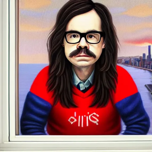 Image similar to An Oil Painting of Rivers Cuomo in a sweater with long hair and a mustache playing his piano in an apartment as he looks out the window next to him to see a nuke drops onto the city outside his window next to him, hyperrealistic, extremely realistic, highly realistic, HD Quality, 4k resolution, 8k resolution, Detailed, Very Detailed, Highly Detailed, Extremely Detailed, Intricate Details, Real, Very Real, Oil Painting, Digital Painting, Painting, Trending on Deviantart, Trending on Artstation