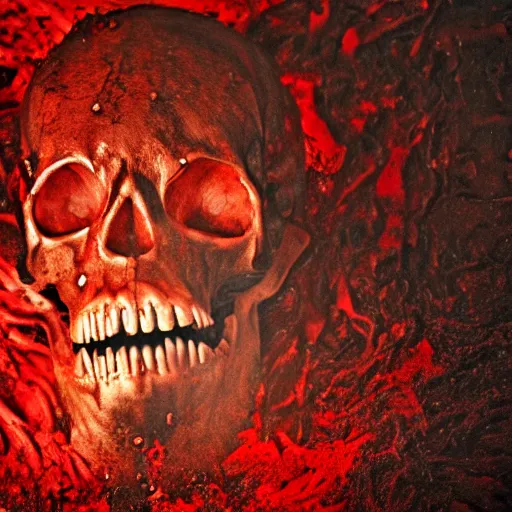 Prompt: a wet oozing horrifying skull in a swamp of blood, dark, backlit, 8 k