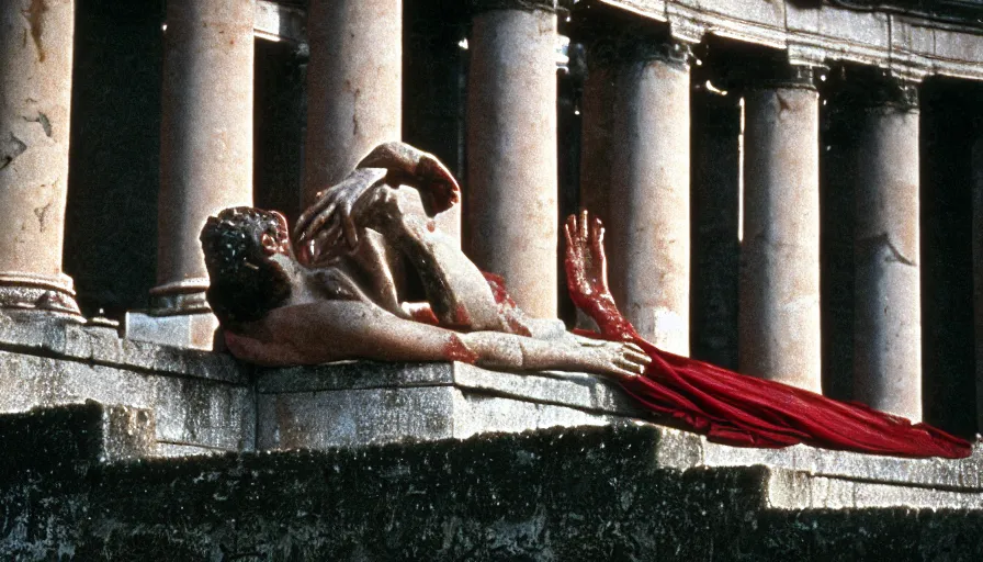 Image similar to 1 9 6 0 s movie still close - up of caligula lay dead on the ancient amphitheater's stairs on a blood flaque, cinestill 8 0 0 t 3 5 mm, high quality, heavy grain, high detail, dramatic light, anamorphic, blood