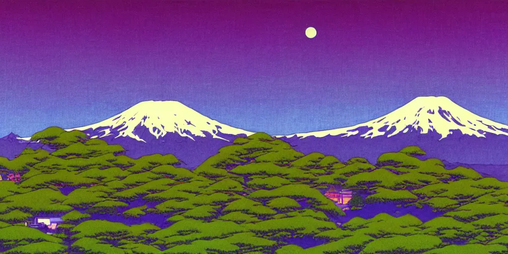 Prompt: seattle with mount rainier in the background, acid and dreaming psychedelic hallucinations, by kawase hasui, moebius and edward hopper, colorful flat surreal design, hd, 8 k, artstation