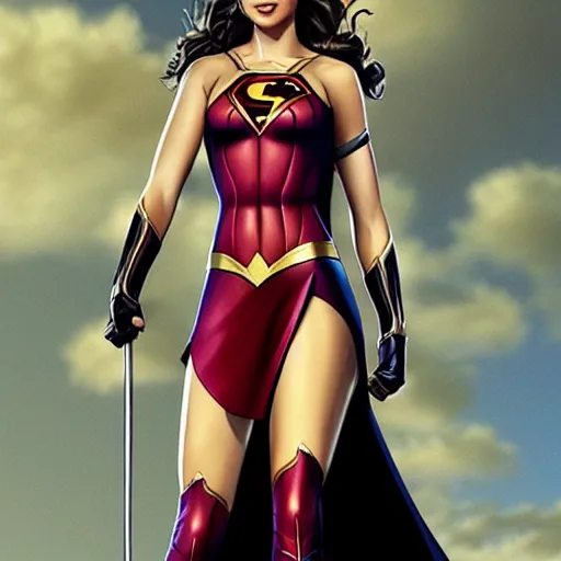 Image similar to an potrait of gal gadot cast of power girl, photorealistic, high detail, full body shot.