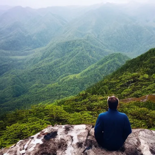 Prompt: man sitting on top peak mountain cliff looking at tsunami