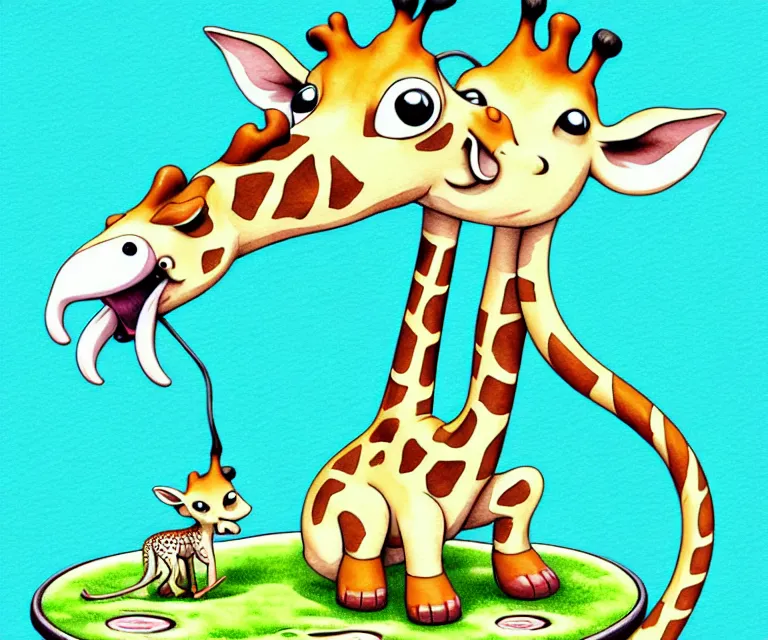 Image similar to cute and funny, baby giraffe drinking from a pond, ratfink style by ed roth, centered award winning watercolor pen illustration, isometric illustration by chihiro iwasaki, edited by range murata, tiny details by artgerm and watercolor girl, symmetrically isometrically centered