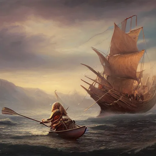 Image similar to viking in boat landscape photprealism ultradetailed digital art, irina french, heraldo ortega, mandy jurgens, golden ratio, art canvas, award winning, masterpiece trending on artstation 8 k 1 5 0 mpx