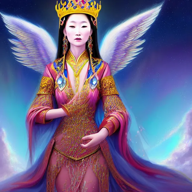 Image similar to beautiful 3 d render of an asian mongolian princess goddess with angelic wings in a sensual pose, princess wearing a crown with gemstones, near lake baikal, atmospheric lighting, painted, intricate, volumetric lighting, beautiful, rich deep colours masterpiece, sharp focus, ultra detailed, in the style of dan mumford and marc simonetti, astrophotography