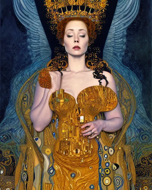 Image similar to full view Symbolic portrait of an ethereal Queen wearing a crown of sorrow sitting on throne by Gerald Brom and Gustav Klimt, detailed and realistic, featured on Artstation, soft lighting, behance