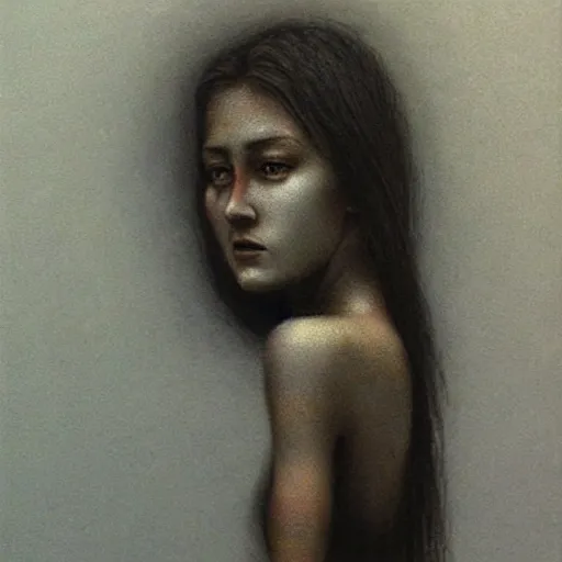 Prompt: young female in Charcoal dress painting by Beksinski