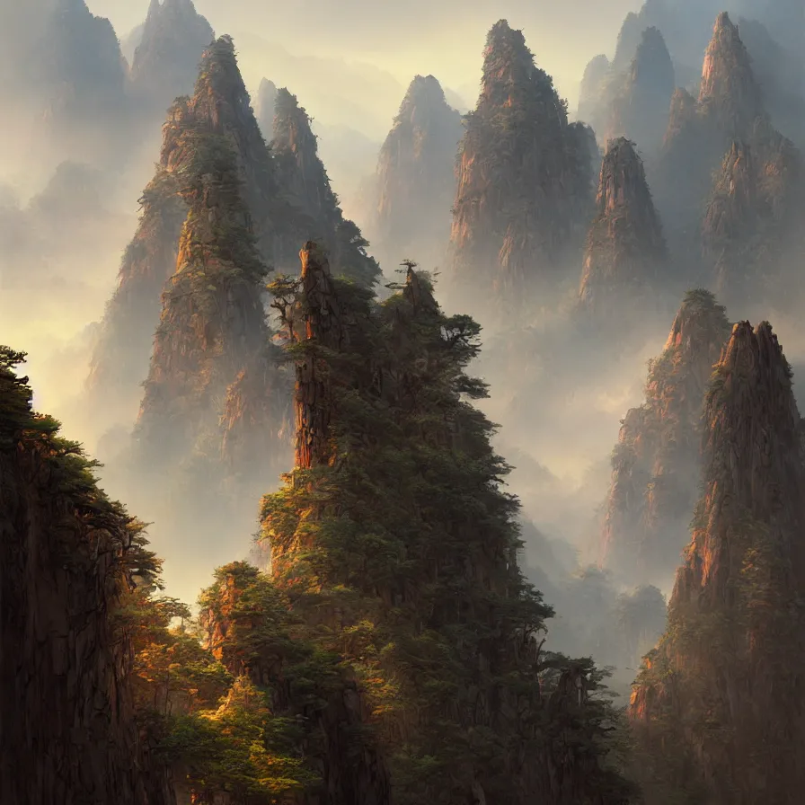 Prompt: a painting of a huangshan, a matte painting by marc simonetti, deviantart, fantasy art, apocalypse landscape, matte painting, apocalypse art