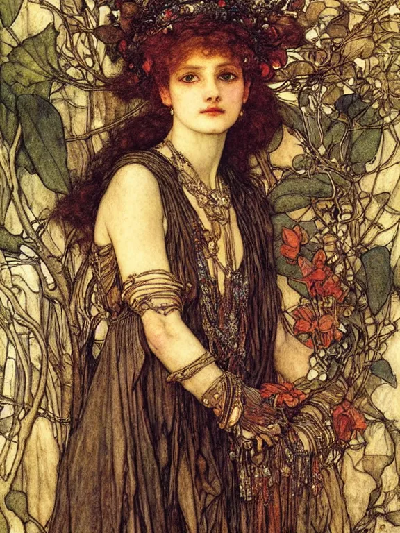 Image similar to Goddess. Extremely high detail, details, realistic, masterpiece, colorful. Portrait painting by Arthur Rackham, Muzinabu, Eugene de Blaas, Frederic Leighton