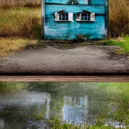 Prompt: a house in the side of a forgotten road with a dark water fountain