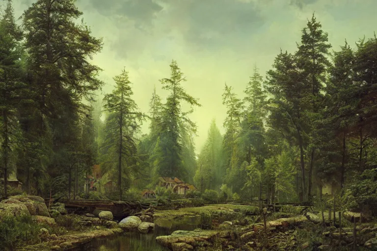 Image similar to A beautiful painting of russian village in dark forest by ivan shishkin and arkhip kuindji, trending on artstation,matte painting