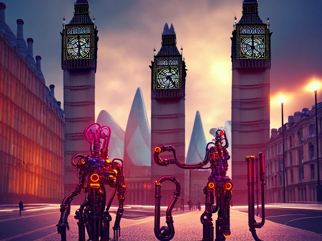 Image similar to a giant ancient beautiful cyborg of the elder gods with pipes and tubes in the city of London, an image of a beautiful cyborg, a beautiful cyborg, a cyborg, London streets with bigben in the background, colourful, dramatic lighting, golden hour, very detailed octane render very realistic beautiful