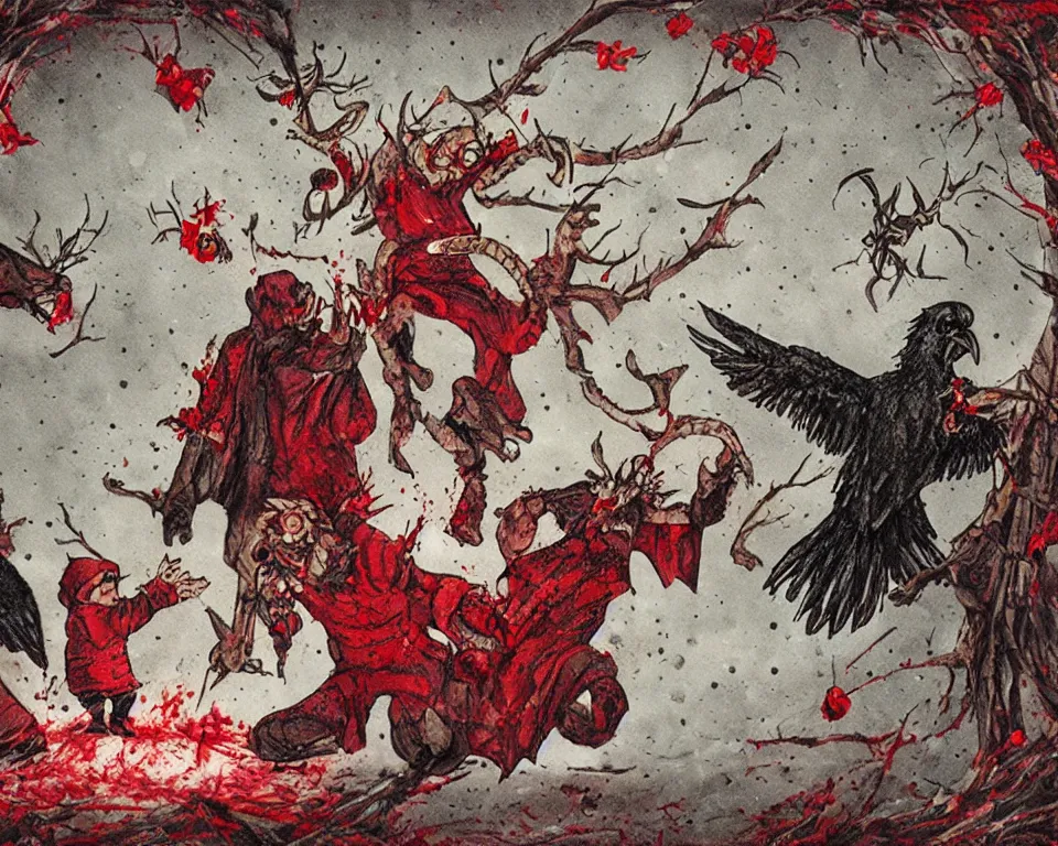 Image similar to a christmas card with a sinister demon and vultures, covered in blood