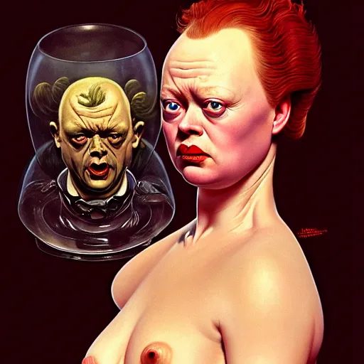 Prompt: dramatic upper body portrait of Thora Birch as baron harkonnen by norman rockwell and boris vallejo, artstation, concept creature character art