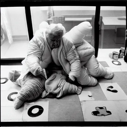 Prompt: a couple of grandparents wearing michelin man costume and playing twister, 3 5 mm flash on photography taken by martin parr